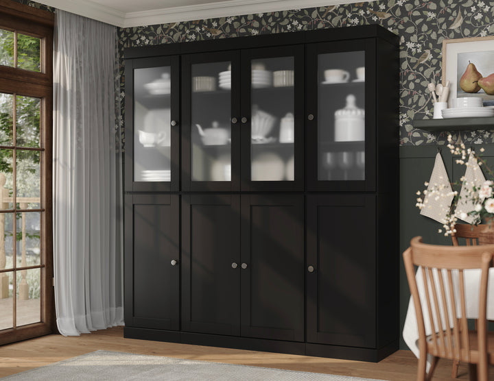 Black 100% Solid Wood Kitchen Pantry Cabinet, Tall Freestanding Modular Storage with Frosted Glass & Shaker Doors, Adjustable Shelves, 65" W x 71.5" H