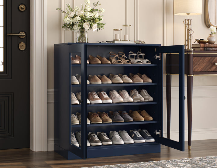 100% Solid Wood Glass Door Shoe Storage Cabinet with Adjustable Shelves, Space Saving Stackable Entryway Organizer, 32" W x 35.75" H