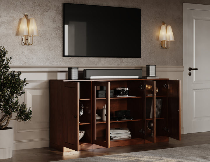 100% Solid Wood TV Stand for TVs up to 65" with Clear Glass, Raised Panel Doors, Adjustable Shelves