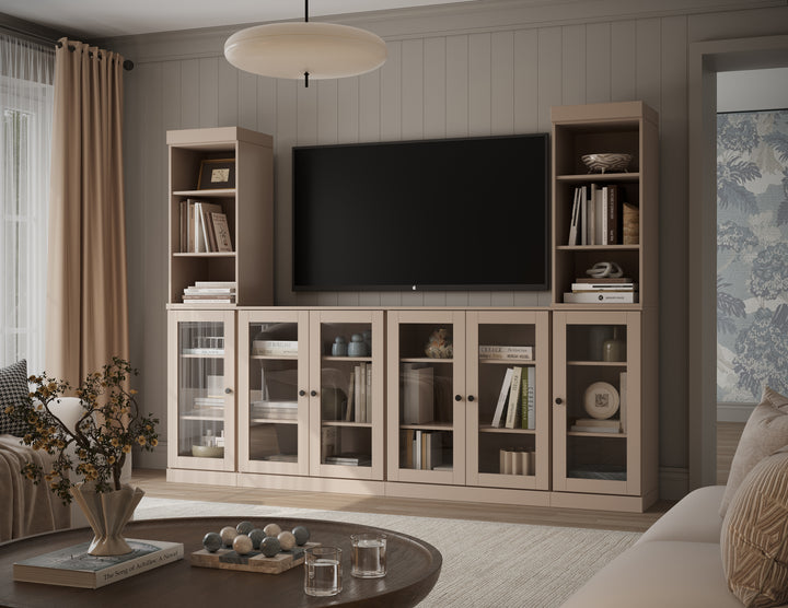 100% Solid Wood 6-Piece Entertainment Center Wall Unit with Storage, Open Cabinets & Glass Doors, Adjustable Shelves, 97" W x 71.5" H