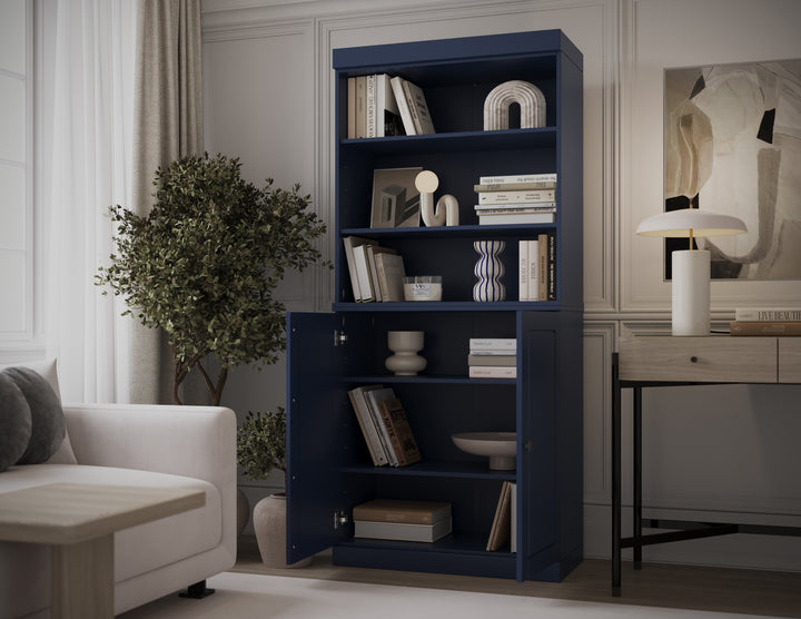 100% Solid Wood 6-Shelf 32" Bookcase, 2 Raised Panel Wood Doors, Adjustable Shelves