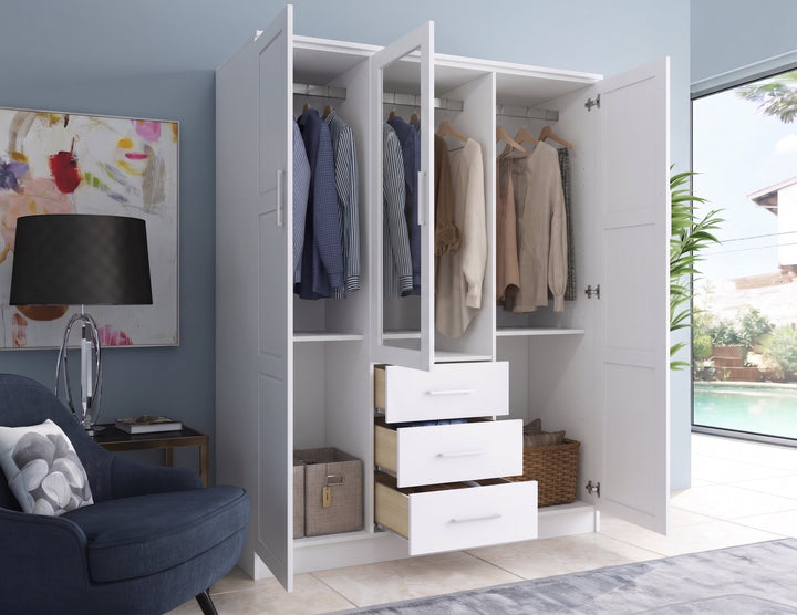 100% Solid Wood 3-Door Wardrobe Armoire with Mirrored Doors, Bedroom Closet Storage - Cosmo Collection