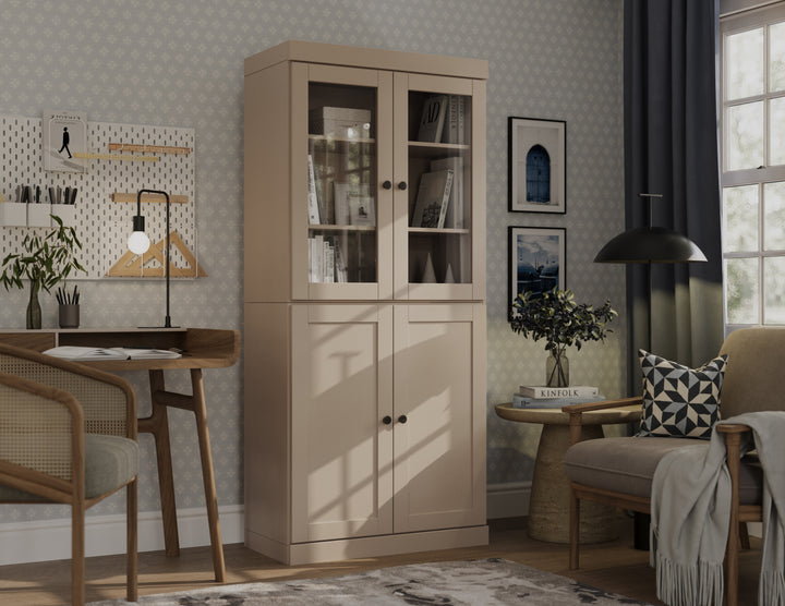 100% Solid Wood 6-Shelf 32" Bookcase, 2 Glass Doors, 2 Shaker Wood Doors, Adjustable Shelves