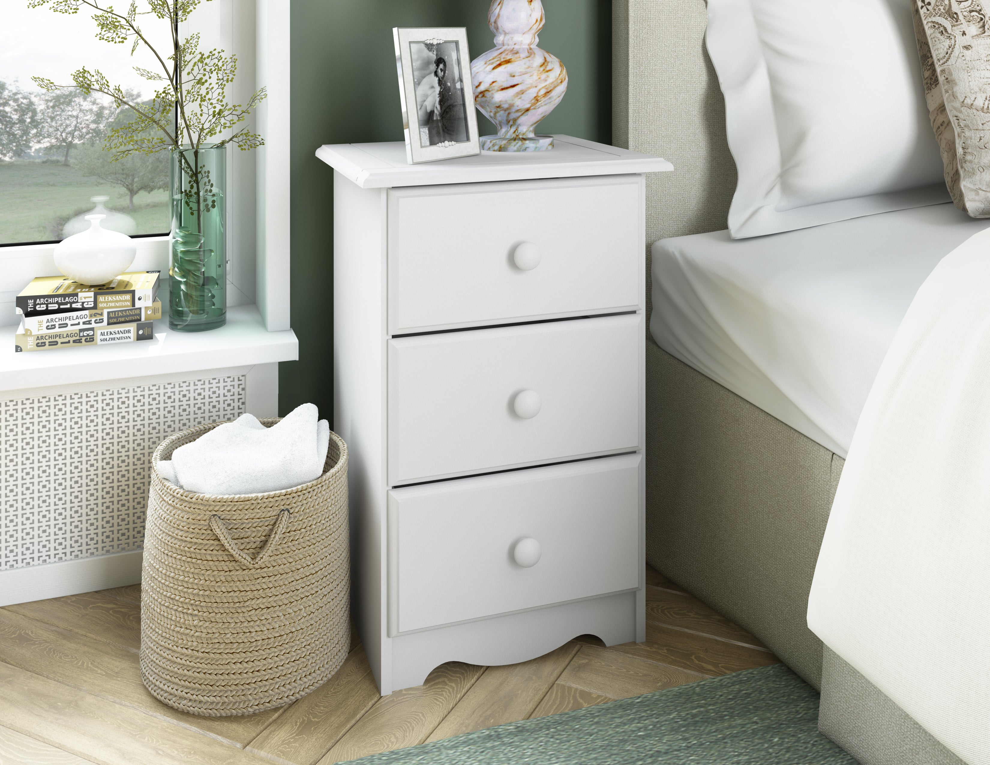 100% Solid Wood Nightstand With 3 Drawers