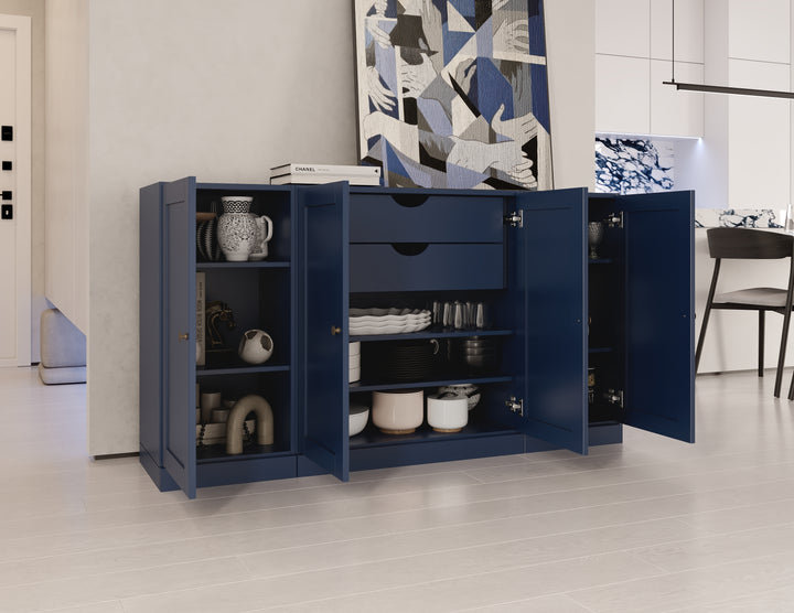 100% Solid Brazilian Pine Wood Sideboard, Shaker Doors, 2 Drawers, Adjustable Shelves, 65" Wide, 35.75" Tall