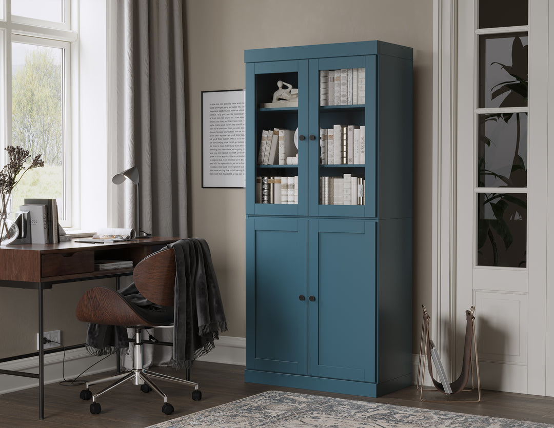 100% Solid Wood 6-Shelf 32" Bookcase, 2 Glass Doors, 2 Shaker Wood Doors, Adjustable Shelves