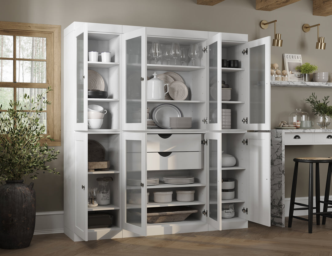 100% Solid Brazilian Pine Wood 65" Pantry Cabinet with Frosted Glass, Shaker Doors, 2-Drawers and Adjustable Shelves