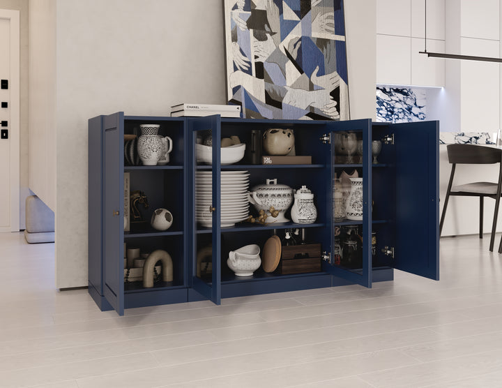 100% Solid Wood 65" Sideboard Cabinet, 2 Clear Glass, 2 Raised Panel Wood Doors, Adjustable Shelves