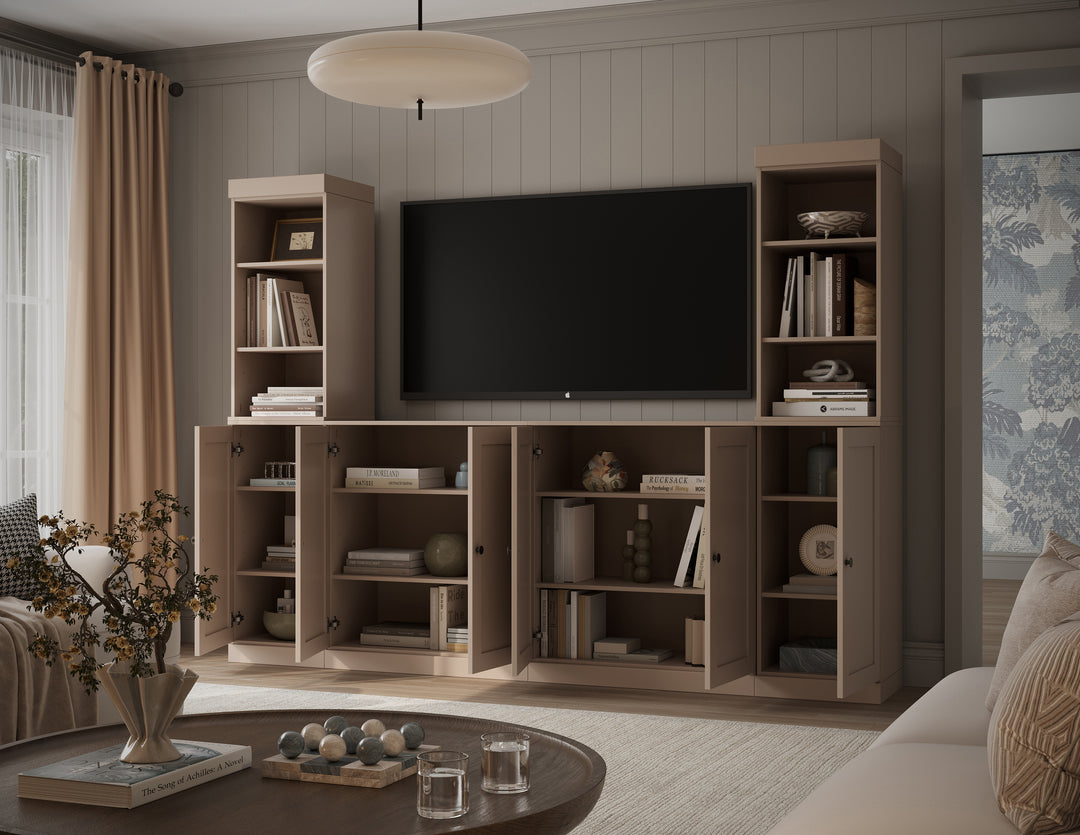100% Solid Wood 6-Piece Entertainment Center Wall Unit with Storage, Open Cabinets & Shaker Doors, Adjustable Shelves, 97" W x 71.5" H