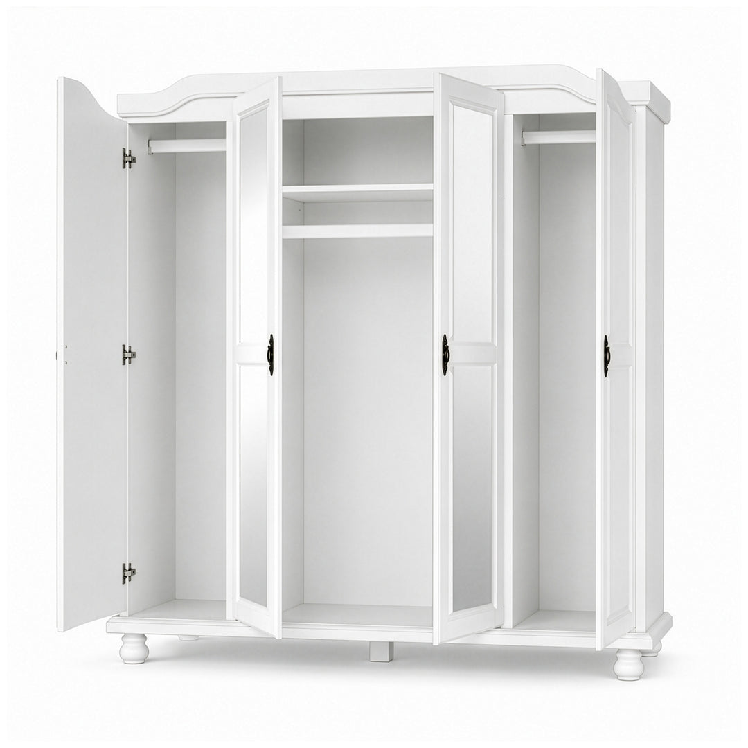 100% Solid Wood 4-Door Wardrobe Armoire with Mirrored Doors, Bedroom Closet Storage - Kyle Collection