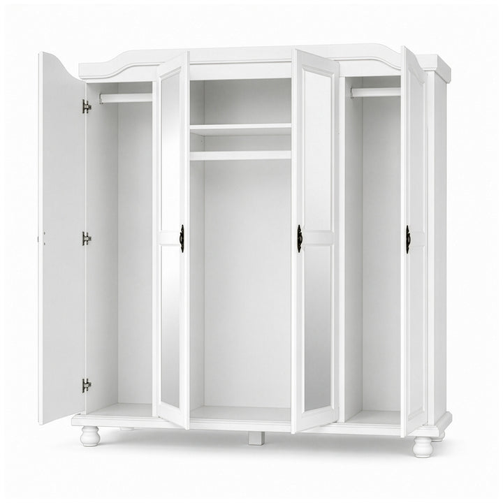 100% Solid Wood 4-Door Wardrobe Armoire with Mirrored Doors, Bedroom Closet Storage - Kyle Collection
