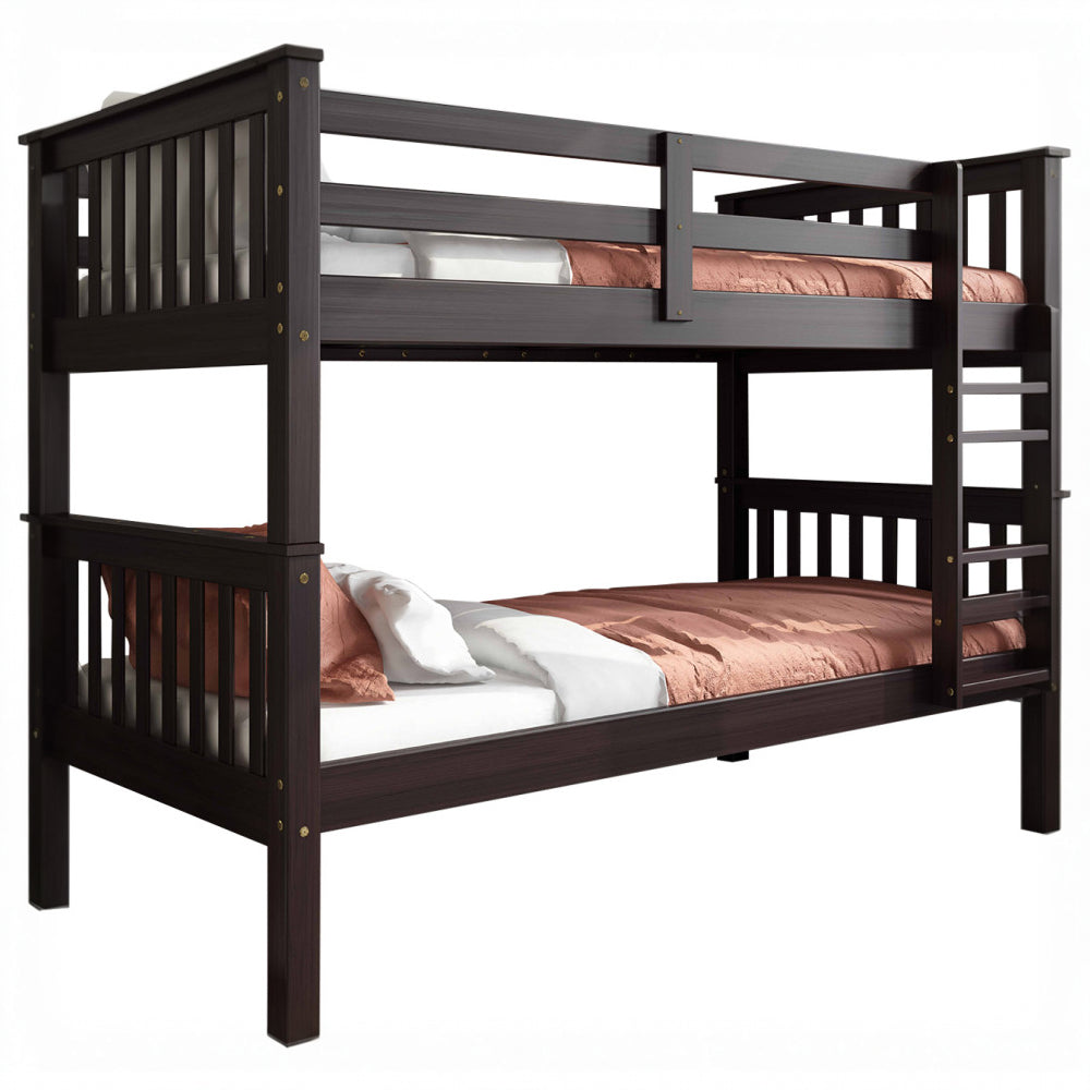 100% Solid Wood Twin Over Twin Bunk Bed with Ladder, Guardrails & Convertible 2 Twin Beds – Mission Collection