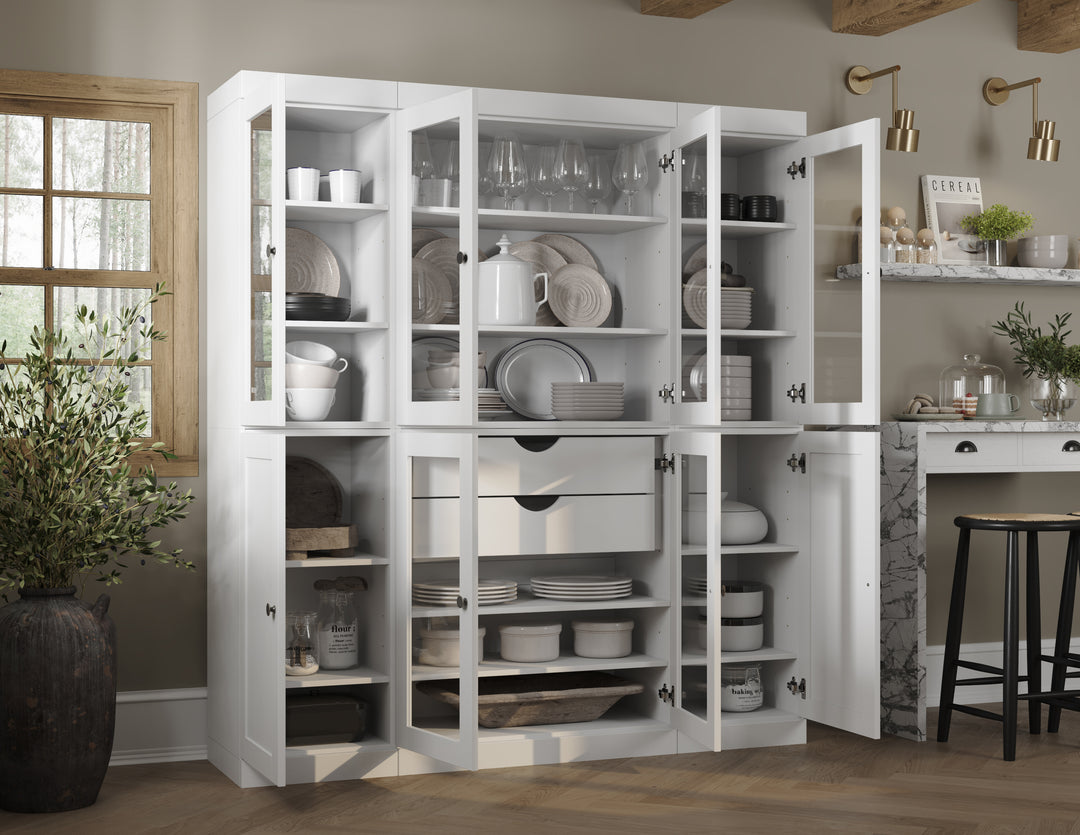 100% Solid Wood 65" China Pantry Cabinet, 6 Glass, 2 Shaker Wood Doors, 2 Drawers