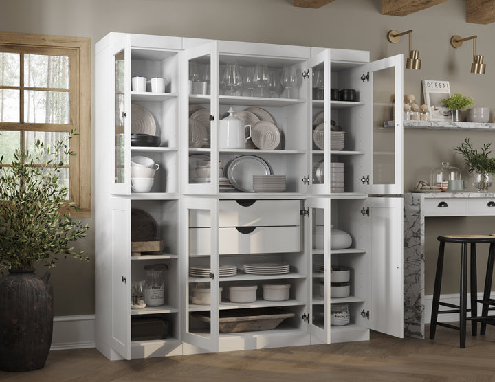 100% Solid Wood 65" China Pantry Cabinet, 6 Glass, 2 Shaker Wood Doors, 2 Drawers