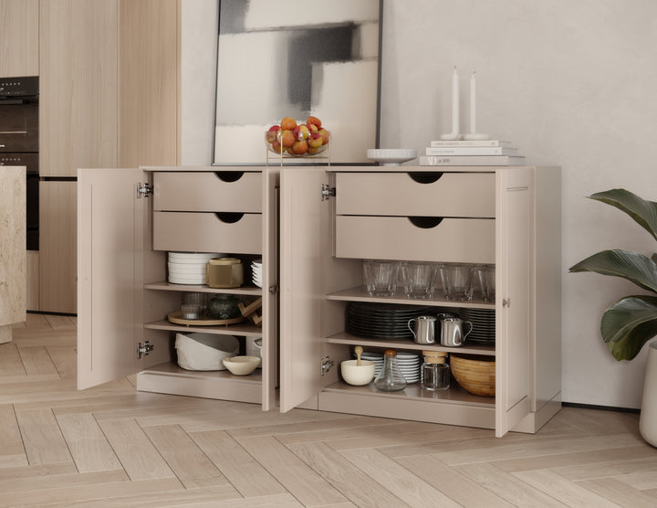 100% Solid Wood 64" Sideboard, Raised Panel Wood Doors, 4 Drawers, Adjustable Shelves