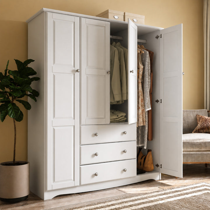 100% Solid Wood 4-Door Wardrobe Armoire with Metal Knobs, Bedroom Closet Storage - Family Collection