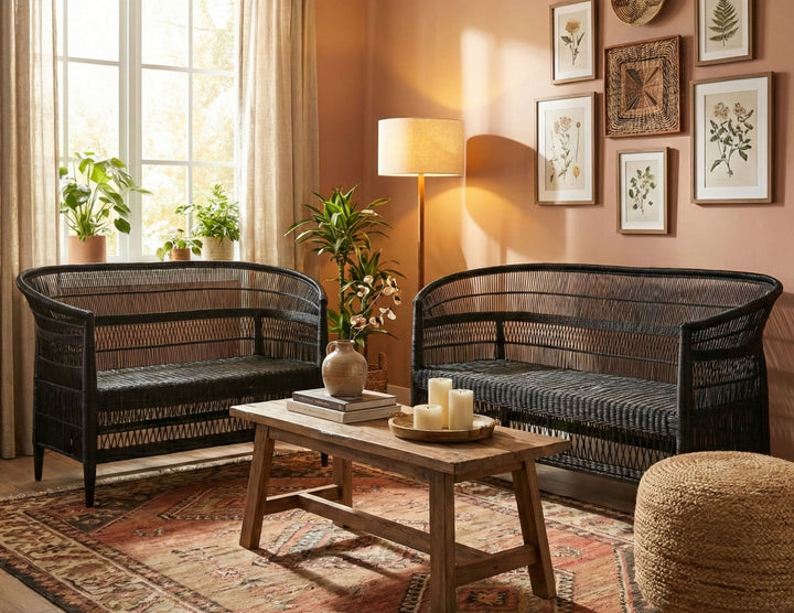 100% Handwoven Natural Rattan 2-Piece Indoor Seating Set with Loveseat and 3-Seater Settee, Solid Wood Frame, Boho Farmhouse, Authentic African Craftsmanship