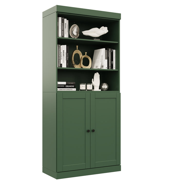 100% Solid Wood 6-Shelf 32" Bookcase Cabinet, 2 Solid Shaker Wood Doors, Adjustable Shelves