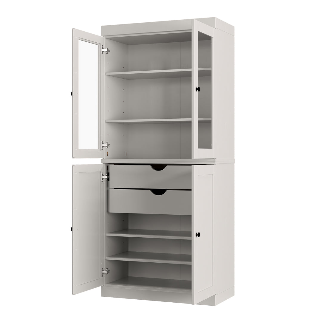 100% Solid Wood Kitchen Pantry China Cabinet, Tall Freestanding Modular Storage with Glass & Shaker Doors & 2 Drawers, Adjustable Shelves, 32" W x 71.5" H