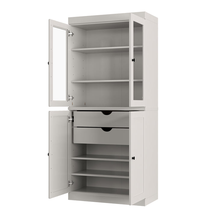 100% Solid Wood Kitchen Pantry China Cabinet, Tall Freestanding Modular Storage with Glass & Shaker Doors & 2 Drawers, Adjustable Shelves, 32" W x 71.5" H