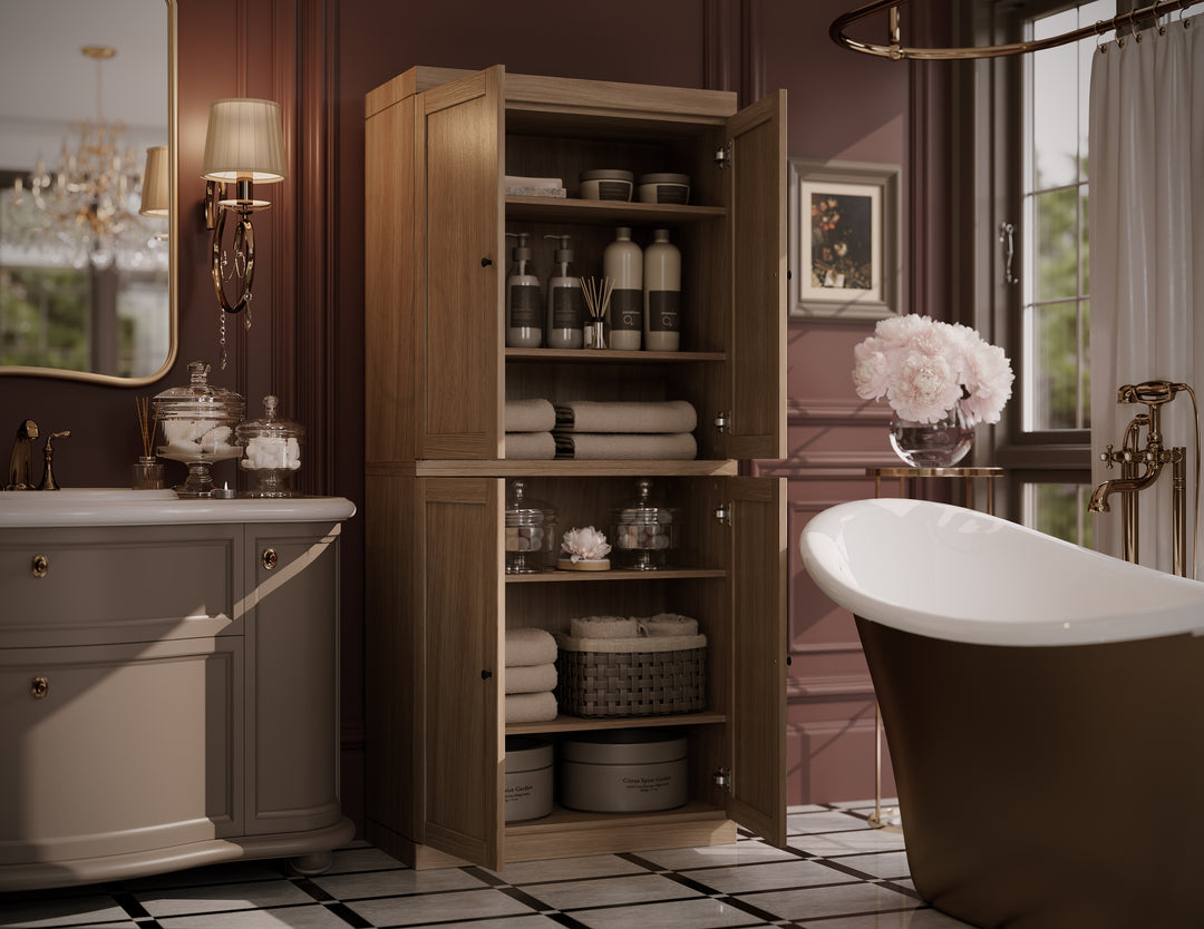 Premium 100% Solid European Oak Hardwood Bathroom Storage Cabinet with Shaker Doors – 32" Wide, 71.5" Tall