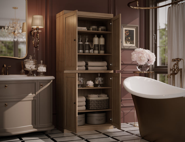 Premium 100% Solid European Oak Hardwood Bathroom Storage Cabinet with Shaker Doors – 32" Wide, 71.5" Tall