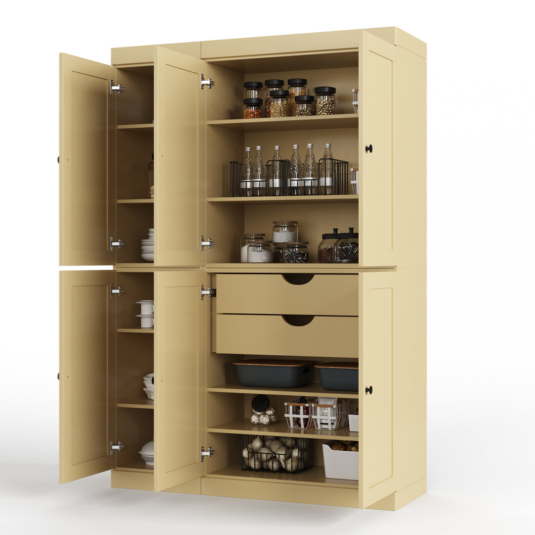 100% Solid Wood 48.5" Pantry Cabinet, Shaker Wood Doors, 2-Drawers