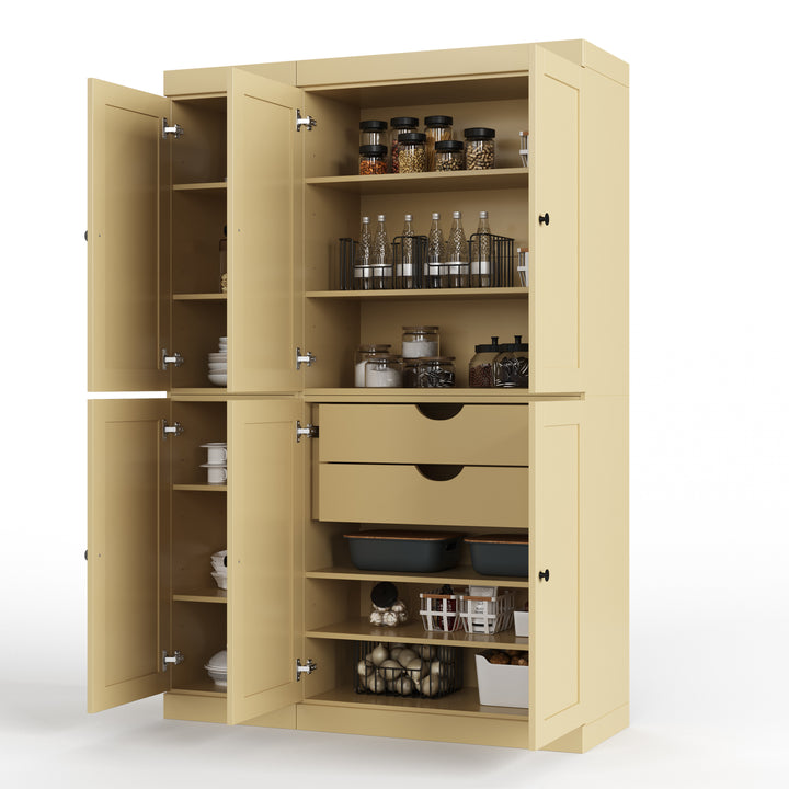100% Solid Wood 48.5" Pantry Cabinet, Shaker Wood Doors, 2-Drawers