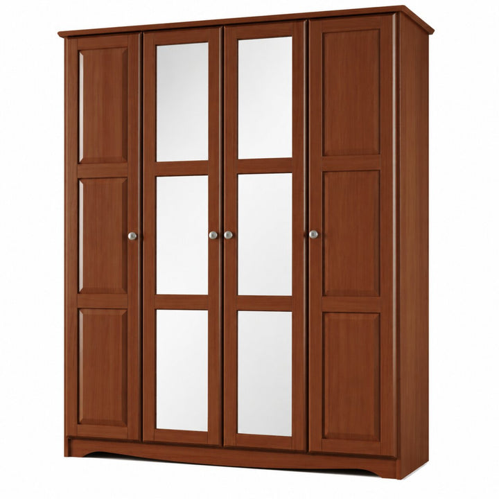 100% Solid Wood 4-Door Wardrobe Armoire with Mirrored Doors, Bedroom Closet Storage - Regal Collection with Metal Knobs