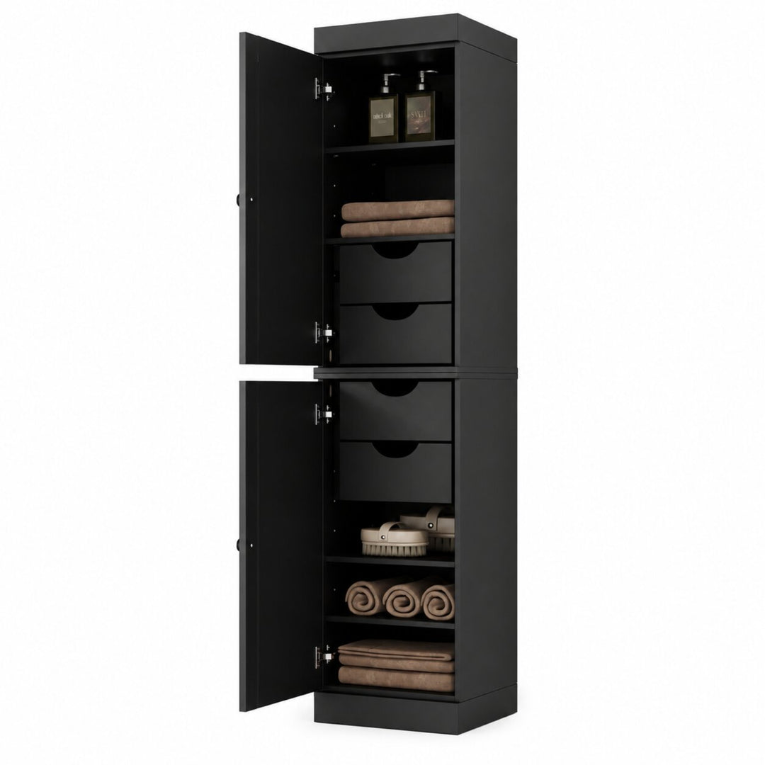 100% Solid Wood Bathroom Storage Cabinet, Raised Panel Doors, 4 Drawers, Adjustable Shelves, 16.5" Wide, 71.5" Tall