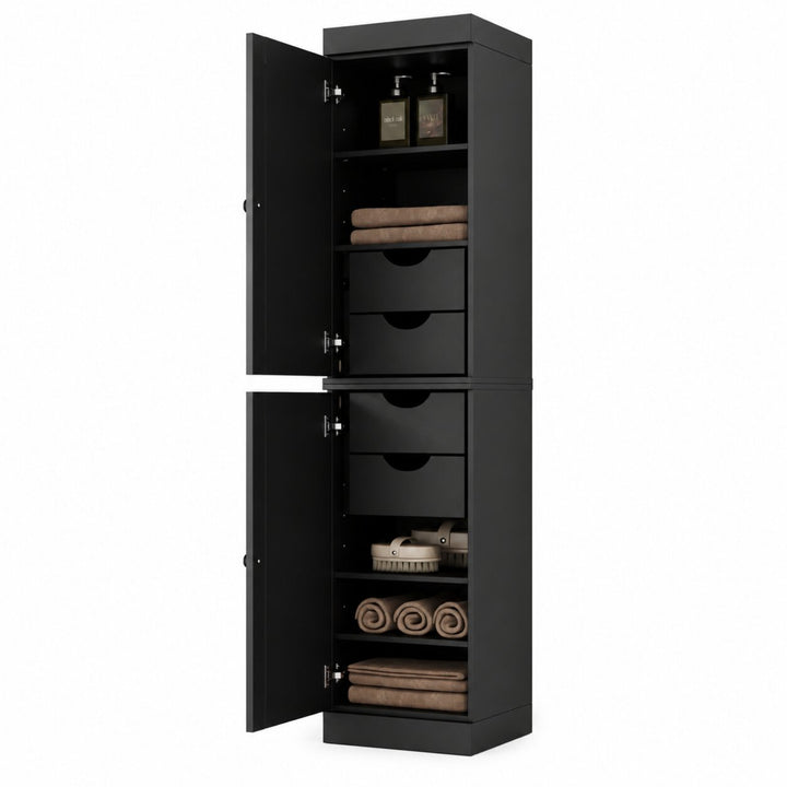 100% Solid Wood Bathroom Storage Cabinet, Raised Panel Doors, 4 Drawers, Adjustable Shelves, 16.5" Wide, 71.5" Tall