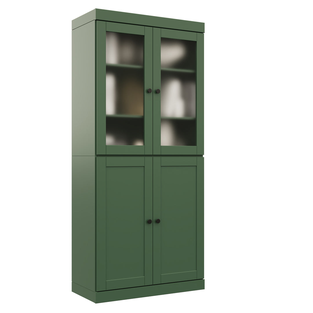 100% Solid Wood 6-Shelf 32" Bookcase, 2 Frosted Glass, 2 Shaker Wood Doors, Adjustable Shelves