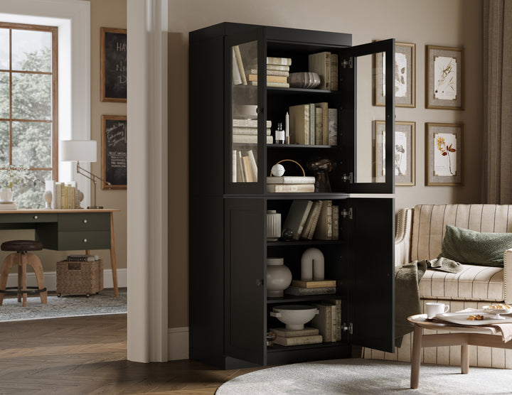 100% Solid Wood 6-Shelf 32" Bookcase, 2 Glass Doors, 2 Shaker Wood Doors, Adjustable Shelves