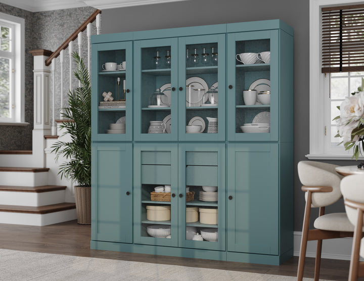 100% Solid Wood 65" China Pantry Cabinet, 6 Glass, 2 Shaker Wood Doors, 2 Drawers