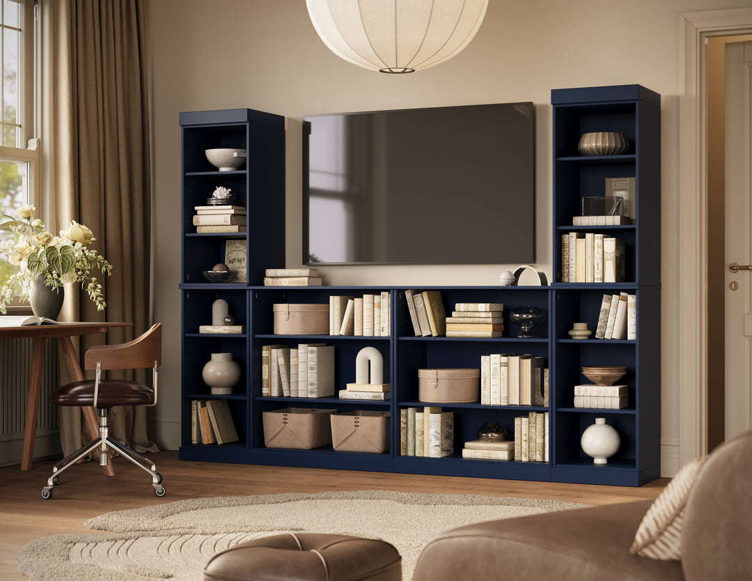 100% Solid Wood 6-Piece Entertainment Center Wall Unit with Storage, Open Cabinets, Adjustable Shelves, 97" W x 71.5" H