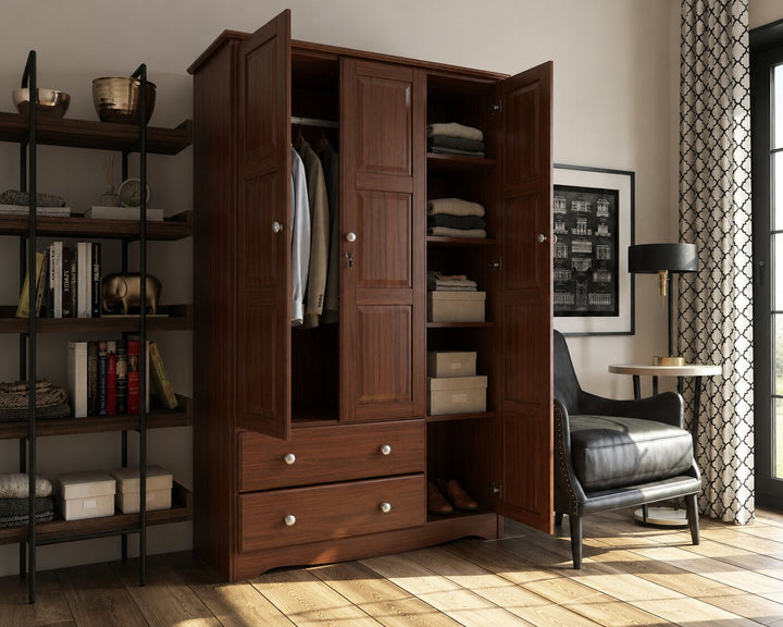 100% Solid Wood 3-Door Wardrobe Armoire with Raised Panel Doors, Bedroom Closet Storage - Grand Collection with Metal Knobs