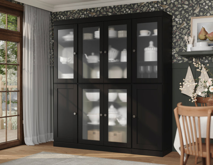 Black 65" Solid Wood Kitchen Pantry Cabinet with Frosted Glass & Shaker Doors & 2 Drawers