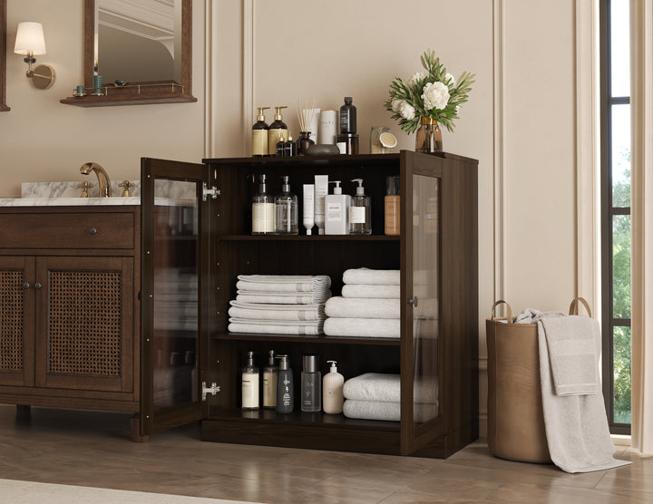 100% Solid Wood Freestanding Bathroom Linen Storage Cabinet with Glass Doors, Adjustable Shelves, 32" W x 35.75" H