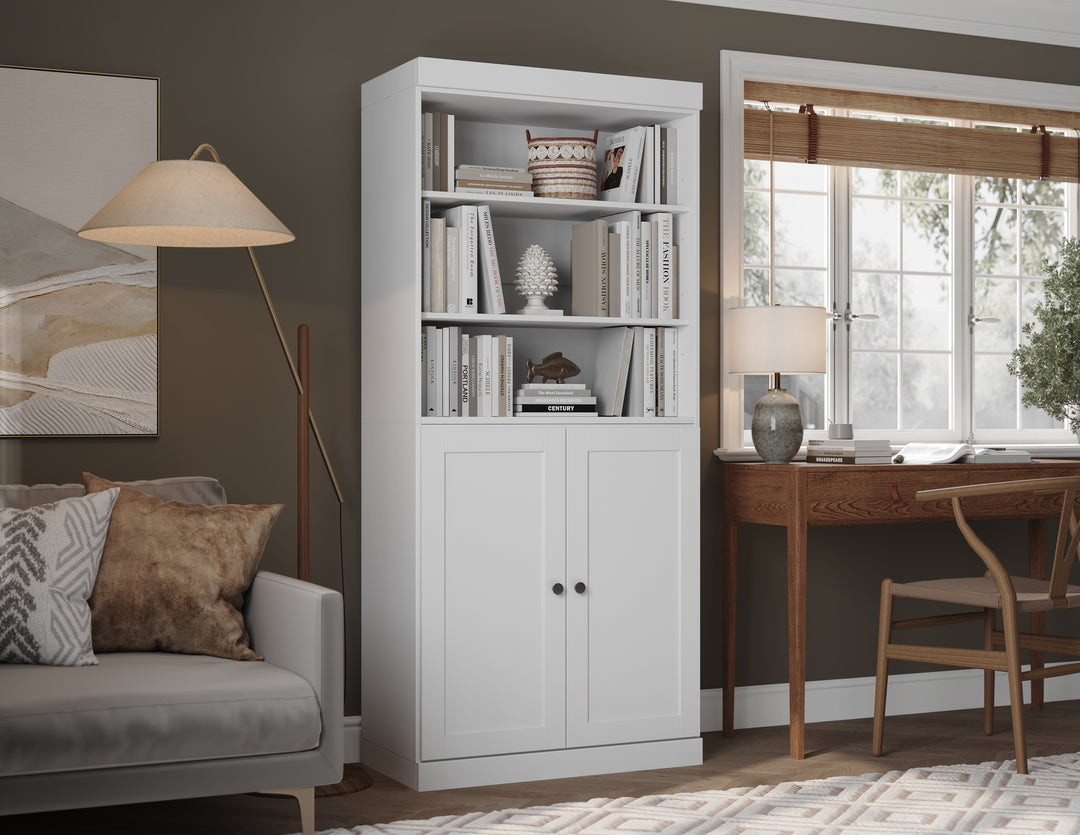 100% Solid Wood 6-Shelf 32" Bookcase Cabinet, 2 Solid Shaker Wood Doors, Adjustable Shelves