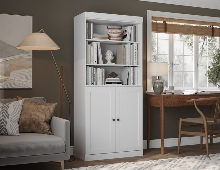 100% Solid Wood 6-Shelf 32" Bookcase Cabinet, 2 Solid Shaker Wood Doors, Adjustable Shelves