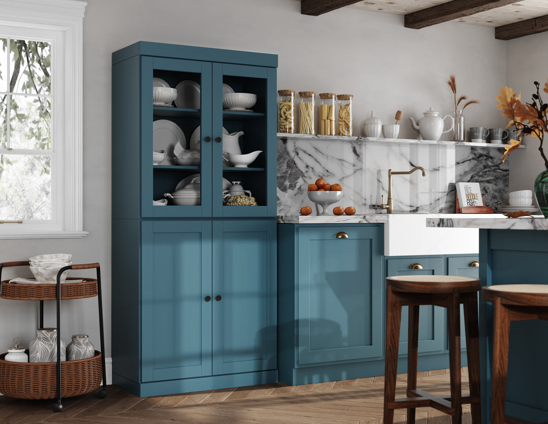 100% Solid Wood 32" Pantry Cabinet, 2 Clear Glass, 2 Shaker Wood Doors