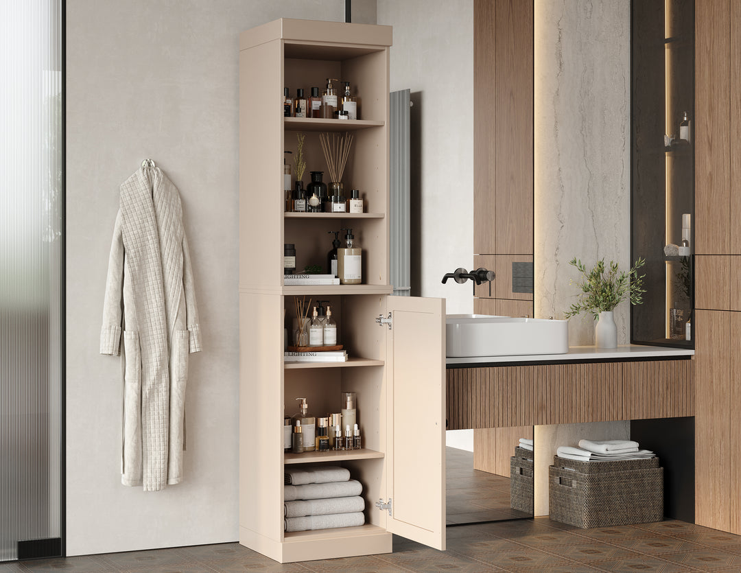 100% Solid Wood Tall Freestanding Modular Bathroom Linen Storage Cabinet with Open Shelf & Shaker Door, Adjustable Shelves, 16.5" W x 71.5" H