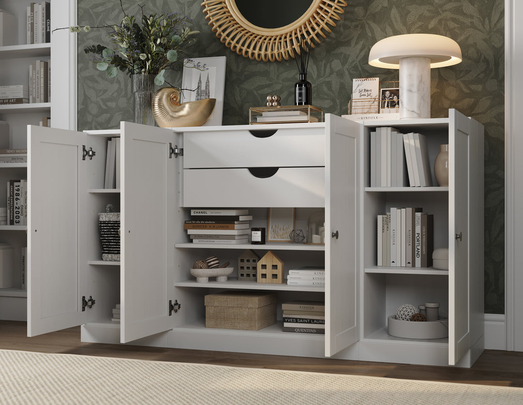 100% Solid Brazilian Pine Wood Sideboard, Shaker Doors, 2 Drawers, Adjustable Shelves, 65" Wide, 35.75" Tall