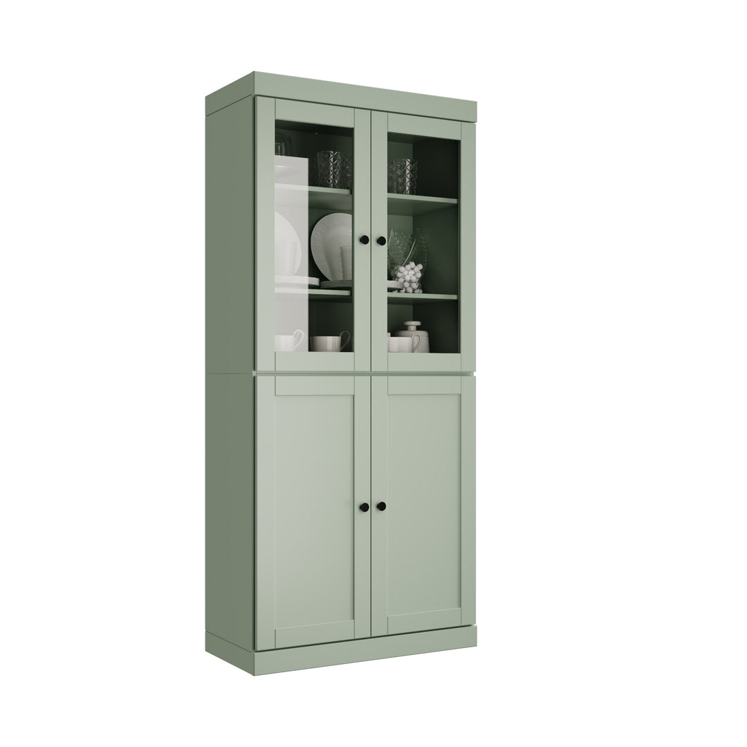 100% Solid Wood 32" Pantry Cabinet, 2 Clear Glass, 2 Shaker Doors, 2-Drawers
