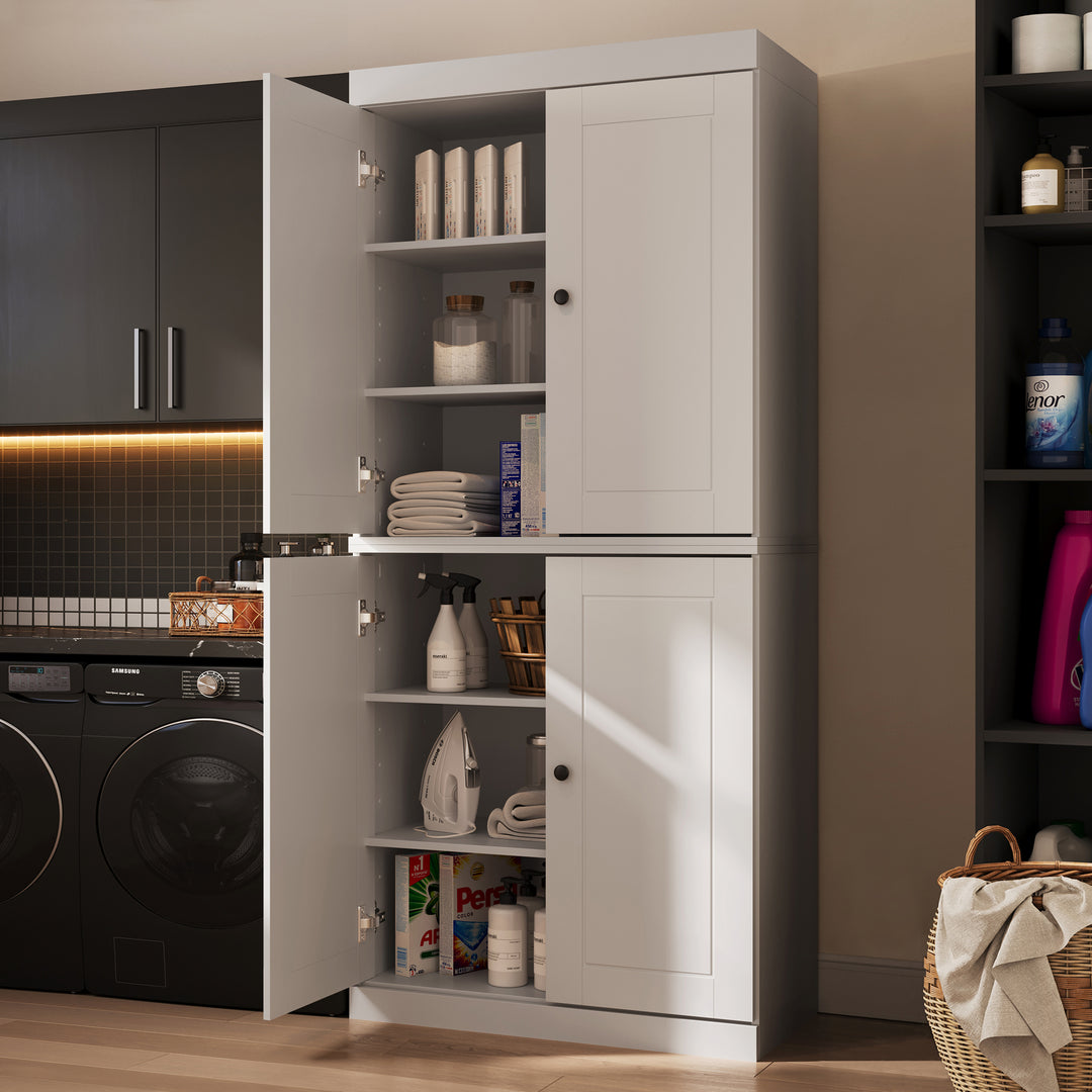 100% Solid Brazilian Pine Wood Bathroom & Laundry Storage Cabinet, Raised Panel Doors, Adjustable Shelves, 32" Wide, 71.5" Tall