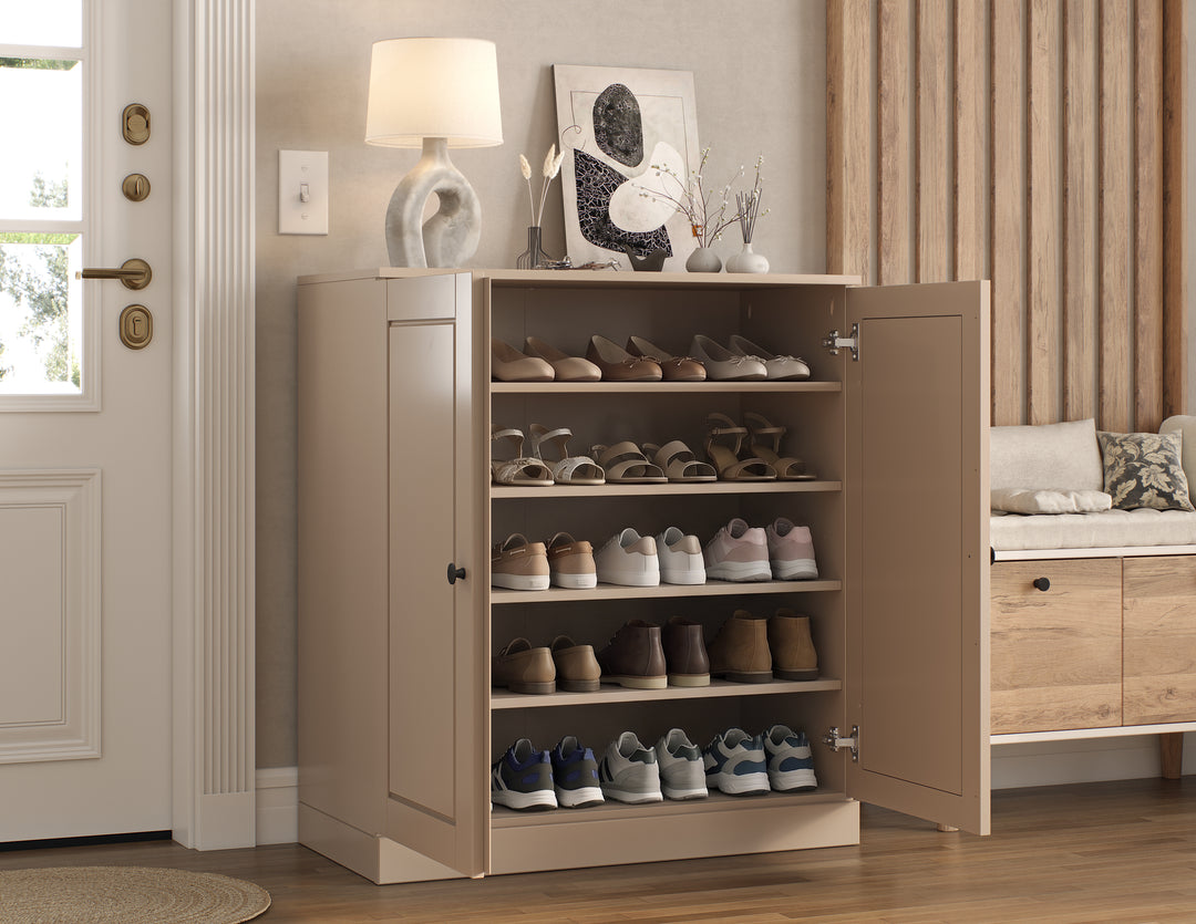 100% Solid Wood Shoe Storage Cabinet with Raised Panel Doors, Adjustable Shelves, Space Saving Stackable Entryway Organizer, 32" W x 35.75" H