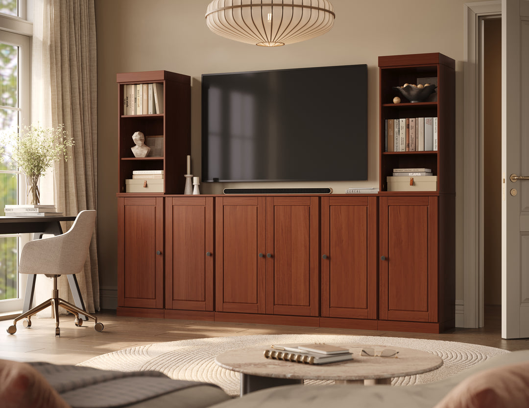 100% Solid Wood 7-Piece Entertainment Center Wall Unit with Storage, Open Cabinets & Raised Panel Doors, Adjustable Shelves, 98" W x 71.5" H