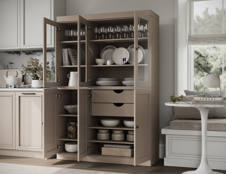 100% Solid Wood 48.5" Pantry China Cabinet, 3 Glass Doors, 3 Shaker Doors, 2-Drawers