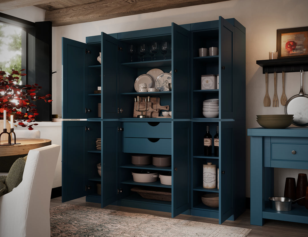 100% Solid Wood 65" Pantry Cabinet, 8 Shaker Wood Doors, 2 Drawers