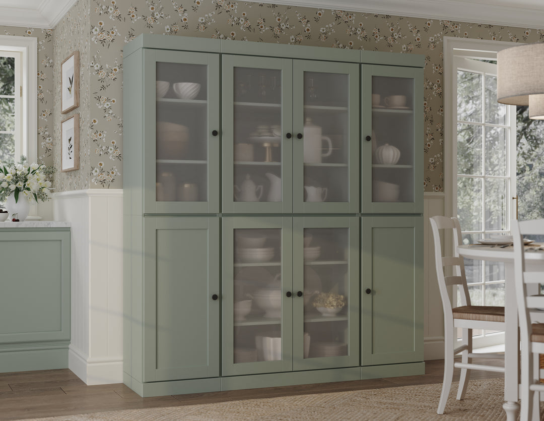 Sage 65" Solid Wood Kitchen Pantry Cabinet with Frosted Glass & Shaker Doors & 2 Drawers